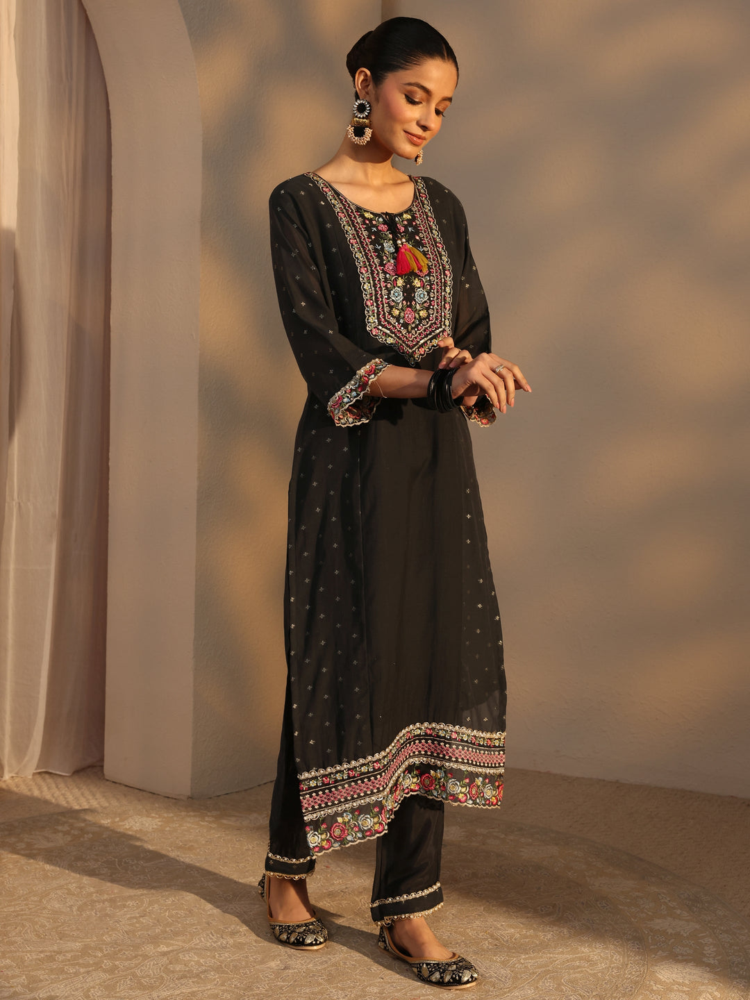 Black Woven Design Chanderi Cotton Straight Suits Set With Dupatta