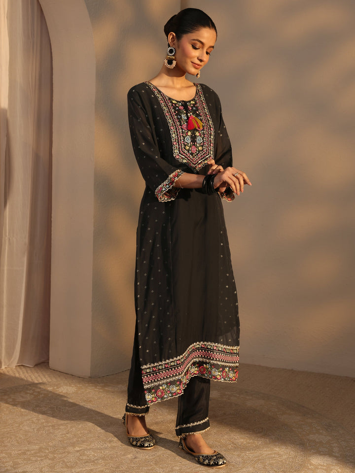 Black Woven Design Chanderi Cotton Straight Suits Set With Dupatta