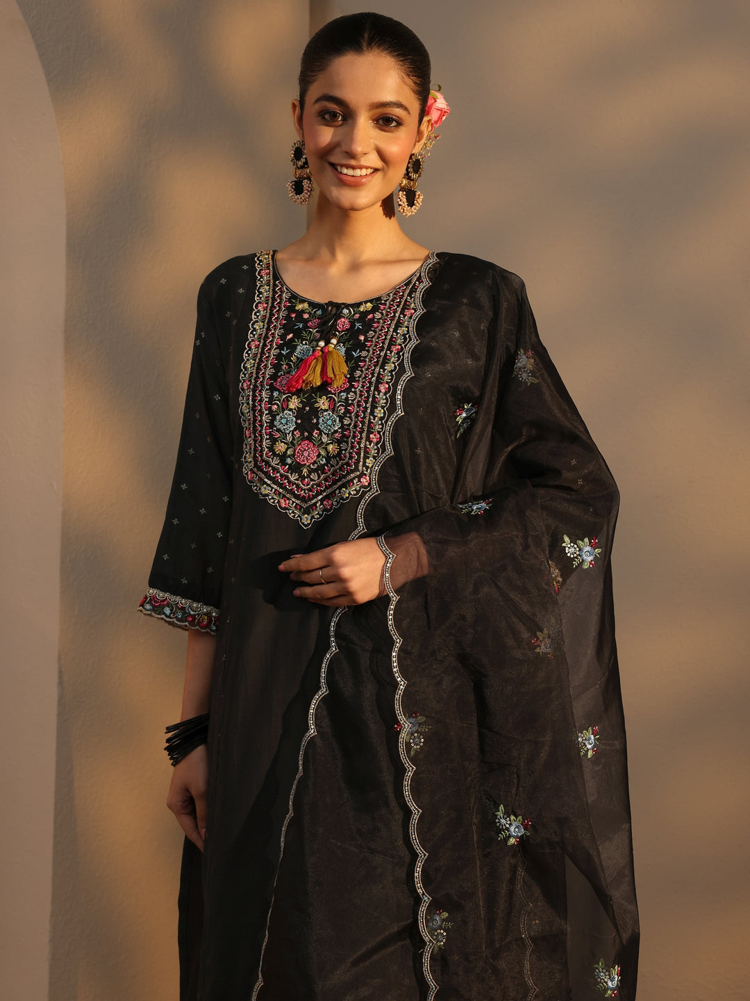 Black Woven Design Chanderi Cotton Straight Suits Set With Dupatta