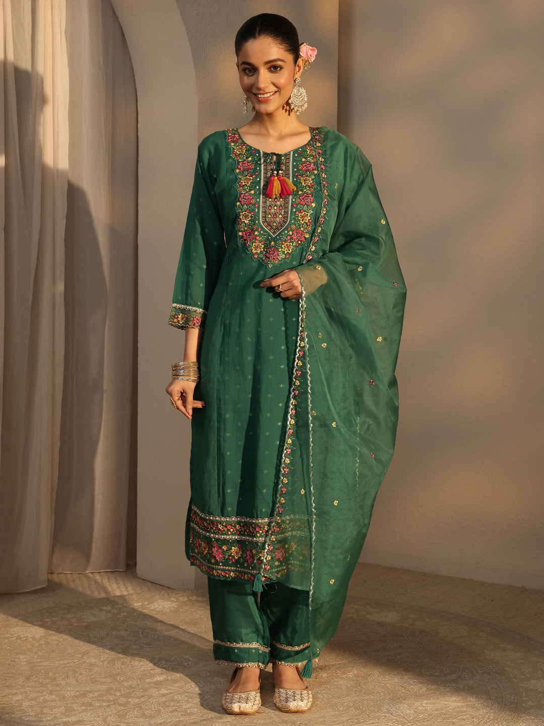 Green Woven Design Chanderi Cotton Straight Suits Set With Dupatta