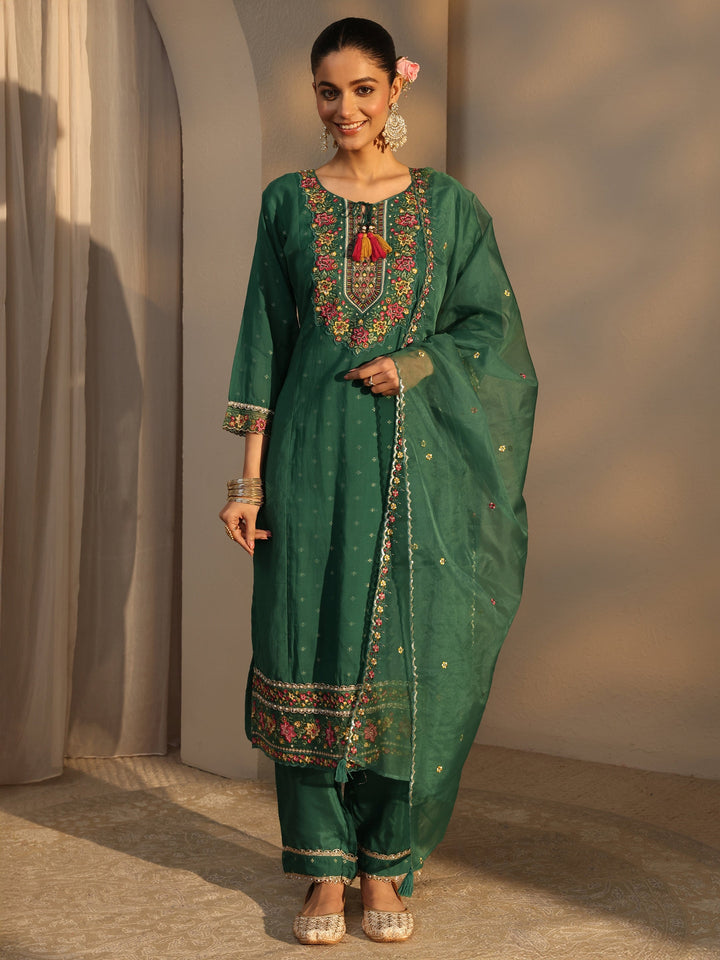 Green Woven Design Chanderi Cotton Straight Suits Set With Dupatta