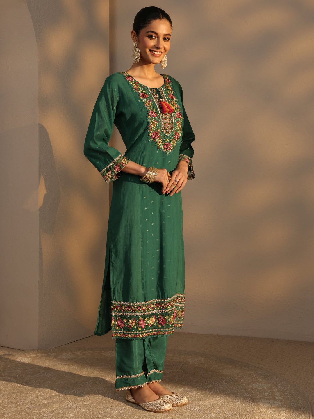 Green Woven Design Chanderi Cotton Straight Suits Set With Dupatta