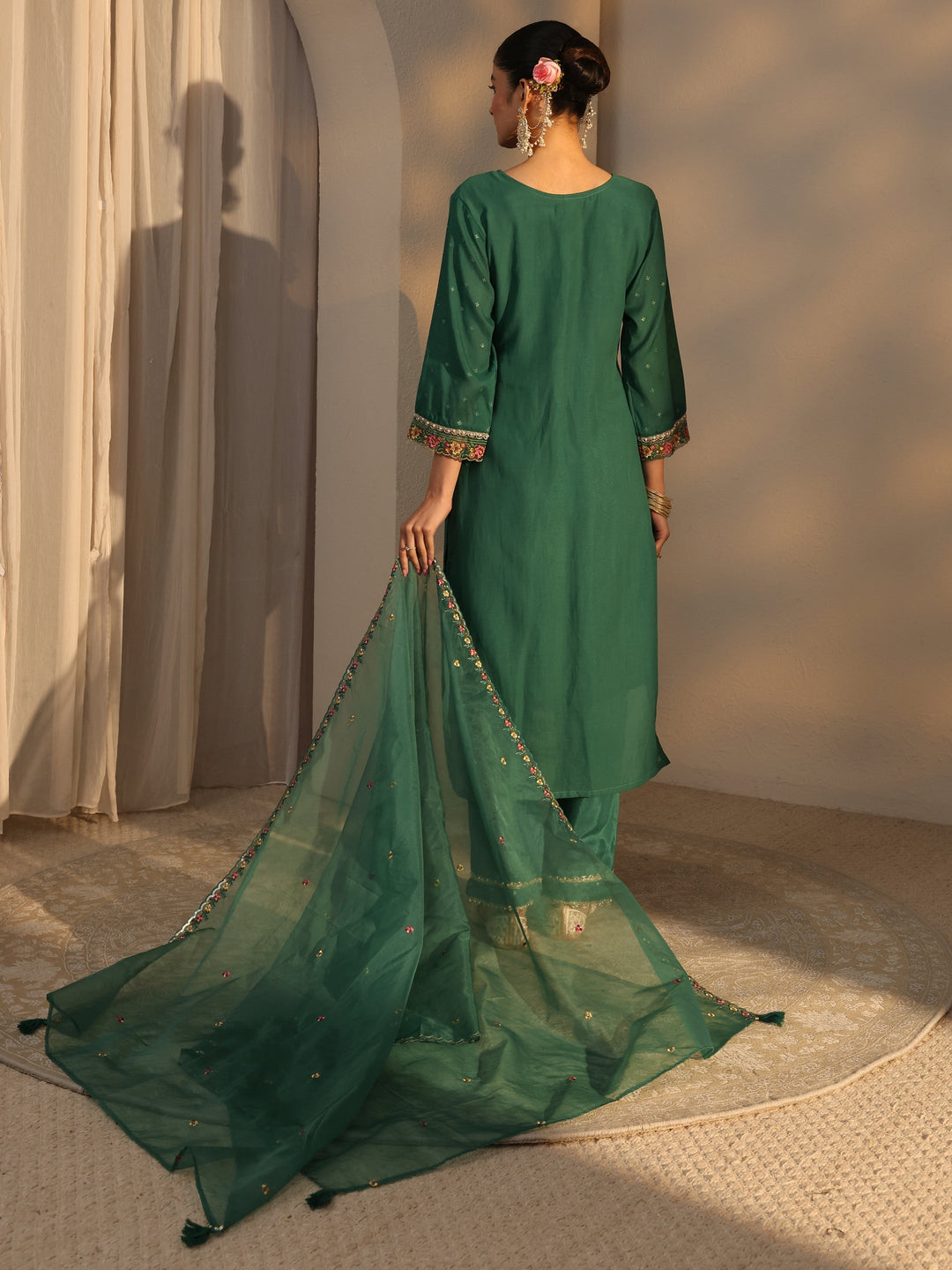 Green Woven Design Chanderi Cotton Straight Suits Set With Dupatta