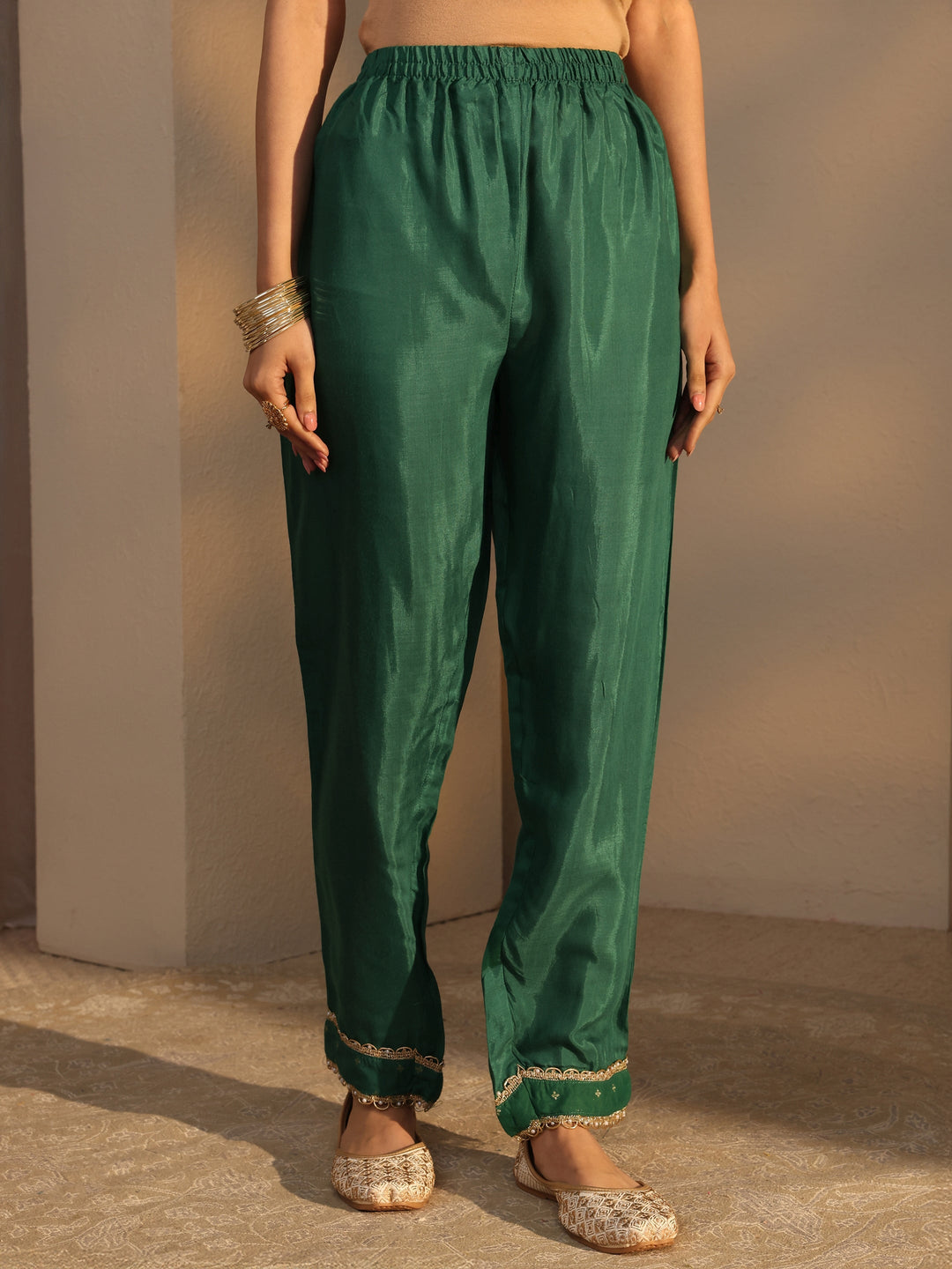 Green Woven Design Chanderi Cotton Straight Suits Set With Dupatta