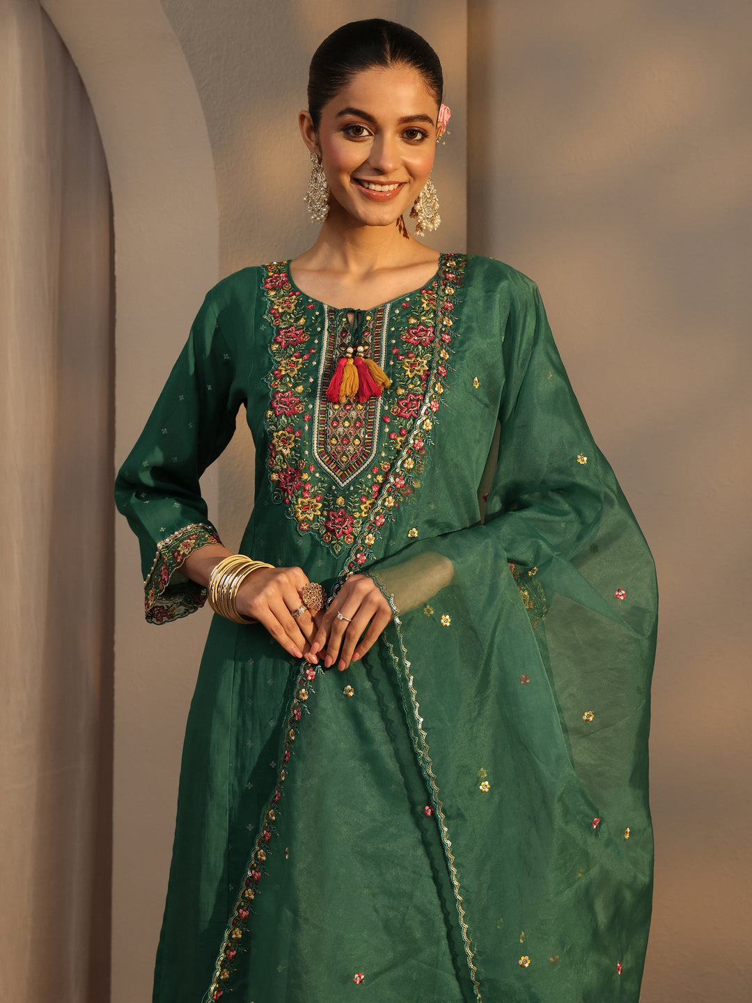 Green Woven Design Chanderi Cotton Straight Suits Set With Dupatta