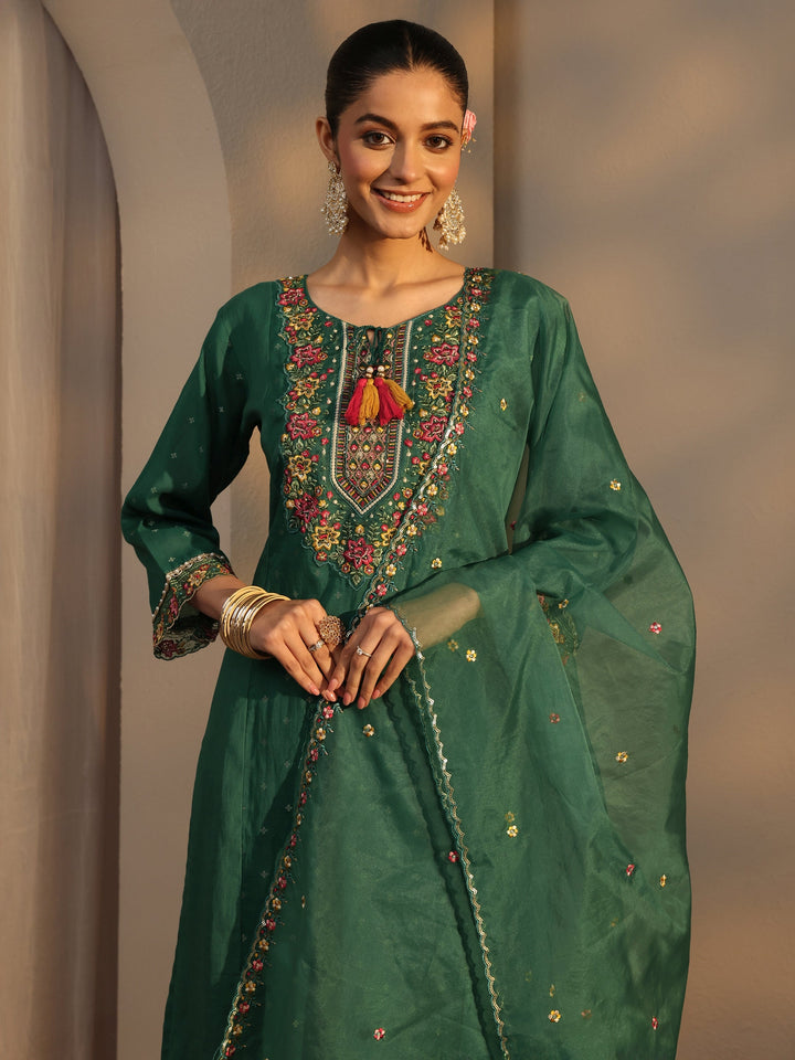 Green Woven Design Chanderi Cotton Straight Suits Set With Dupatta