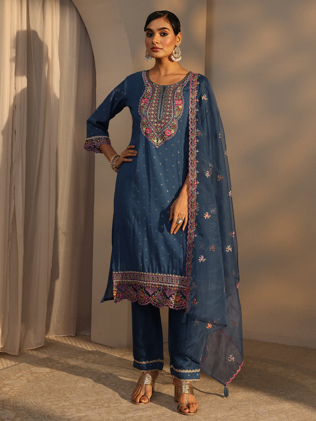 Blue Woven Design Chanderi Cotton Straight Suits Set With Dupatta