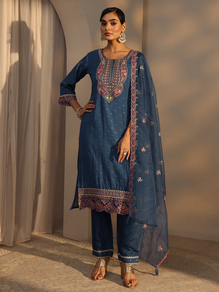 Blue Woven Design Chanderi Cotton Straight Suits Set With Dupatta
