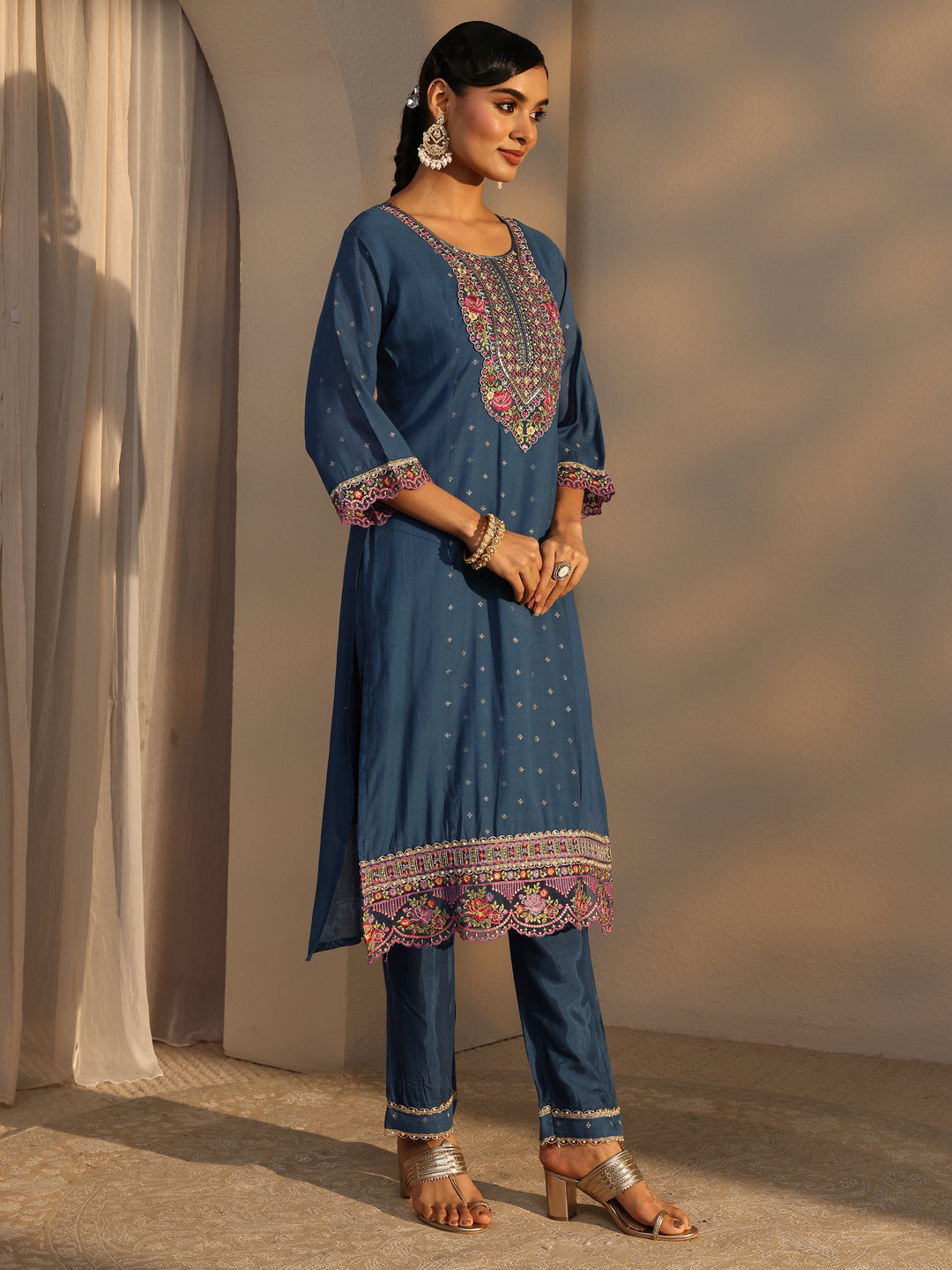 Blue Woven Design Chanderi Cotton Straight Suits Set With Dupatta