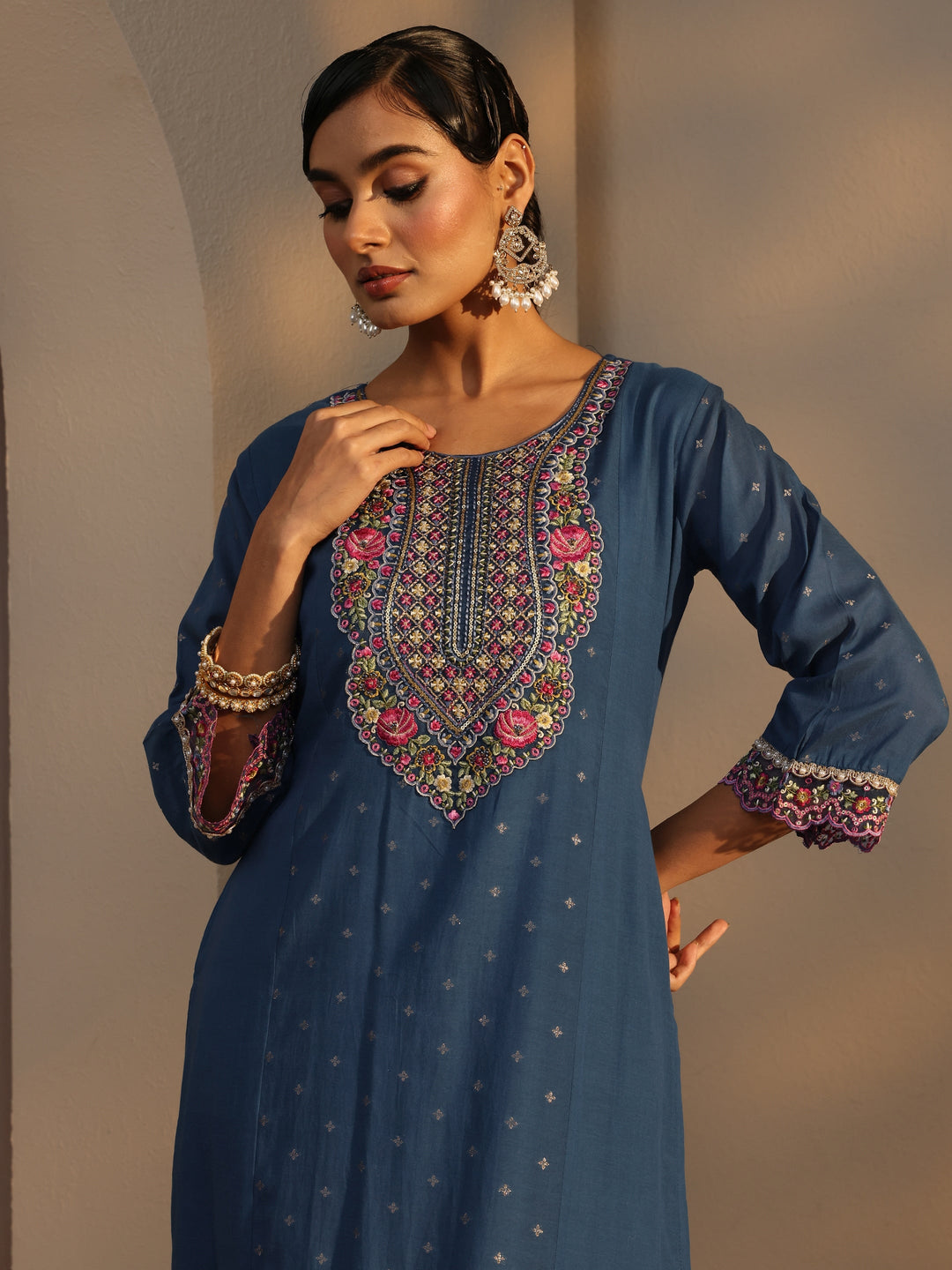 Blue Woven Design Chanderi Cotton Straight Suits Set With Dupatta