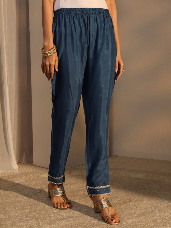 Blue Woven Design Chanderi Cotton Straight Suits Set With Dupatta