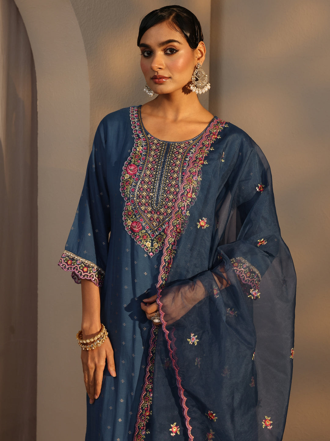 Blue Woven Design Chanderi Cotton Straight Suits Set With Dupatta