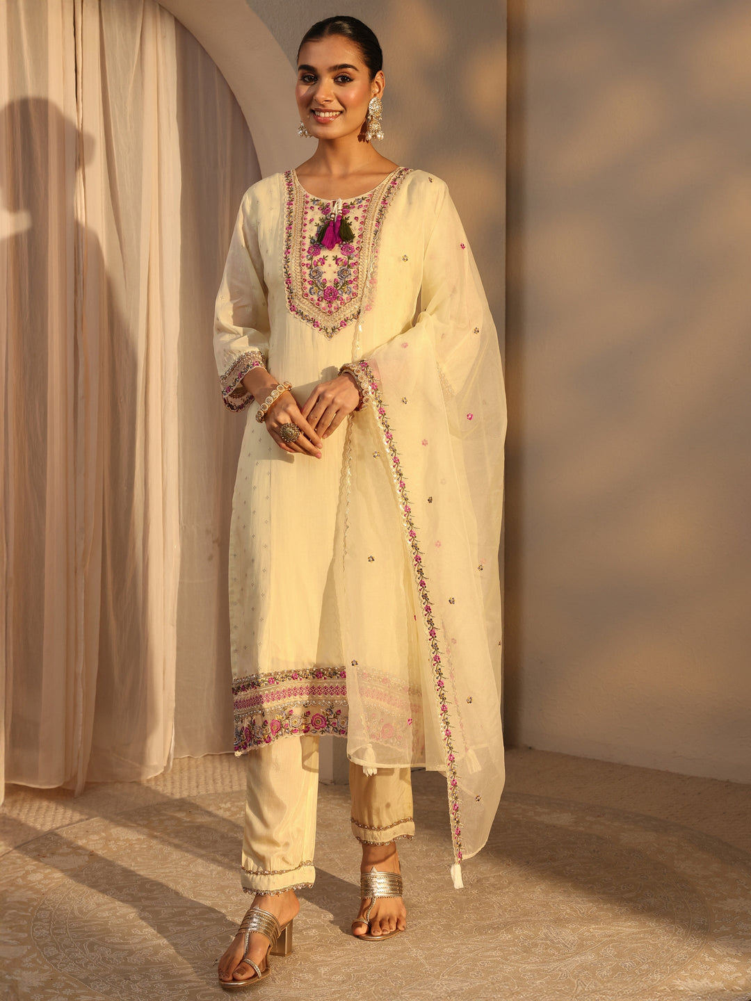 Cream Woven Design Chanderi Cotton Straight Suits Set With Dupatta