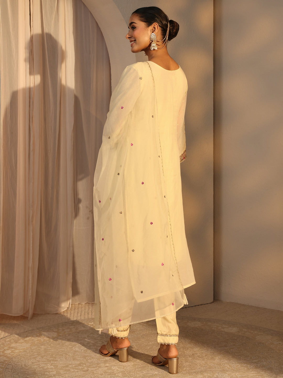 Cream Woven Design Chanderi Cotton Straight Suits Set With Dupatta