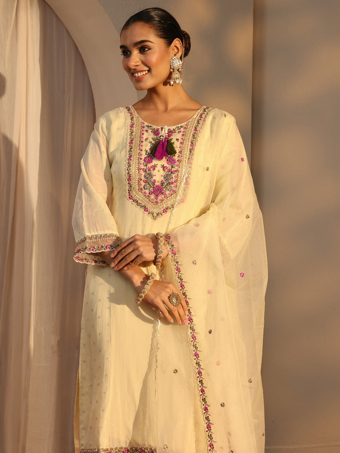 Cream Woven Design Chanderi Cotton Straight Suits Set With Dupatta