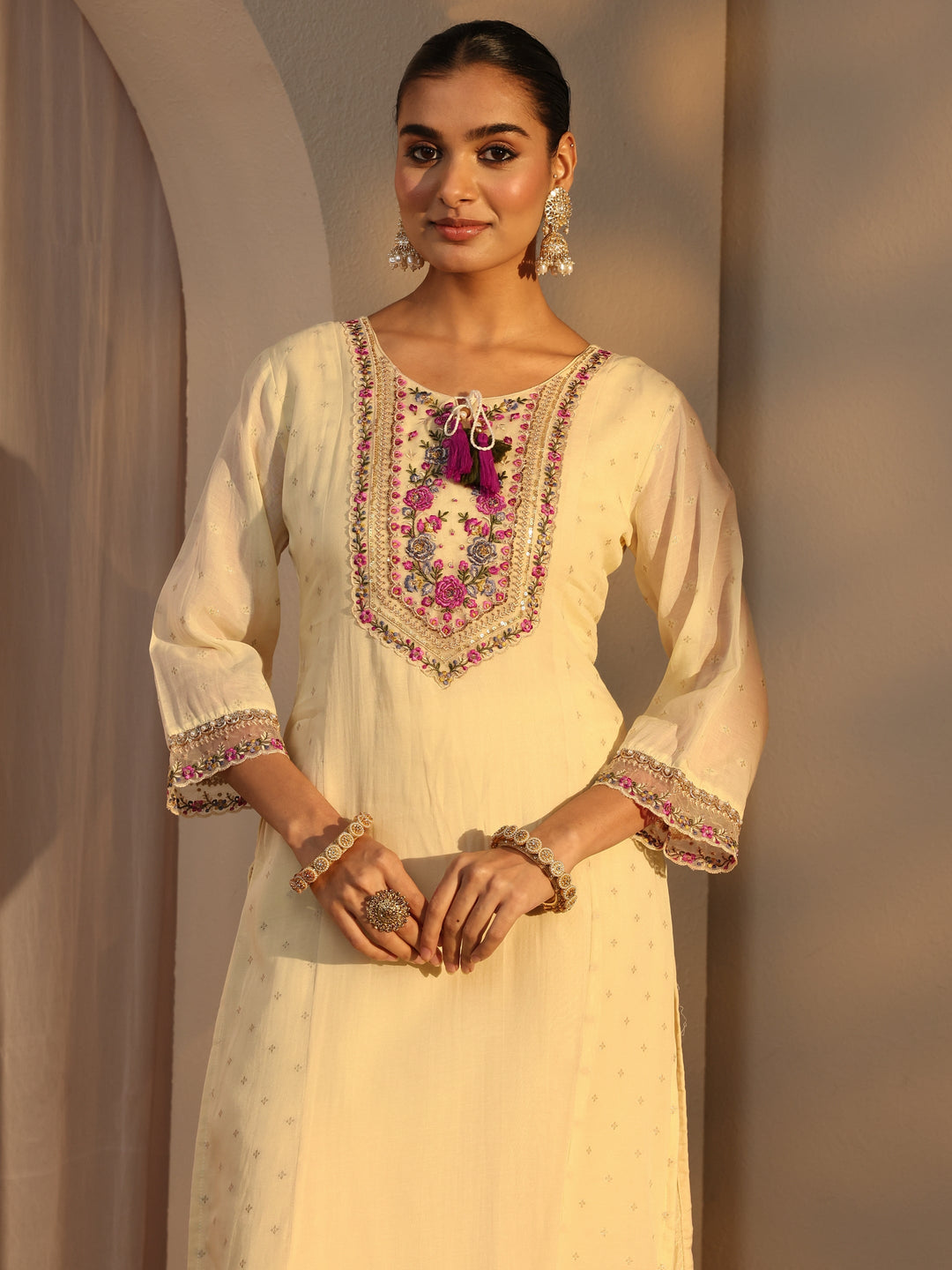 Cream Woven Design Chanderi Cotton Straight Suits Set With Dupatta