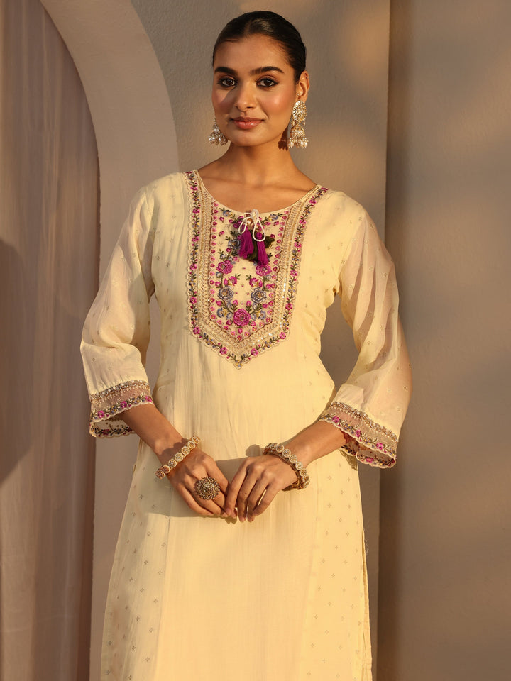 Cream Woven Design Chanderi Cotton Straight Suits Set With Dupatta