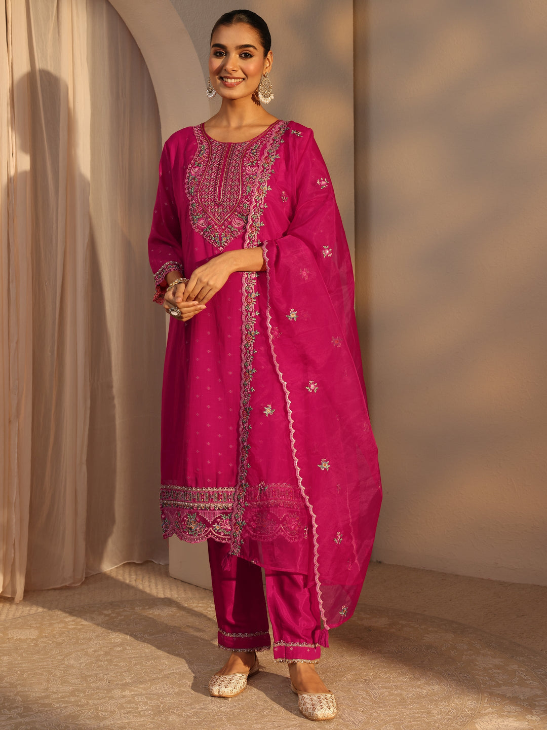 Pink Woven Design Chanderi Cotton Straight Suits Set With Dupatta