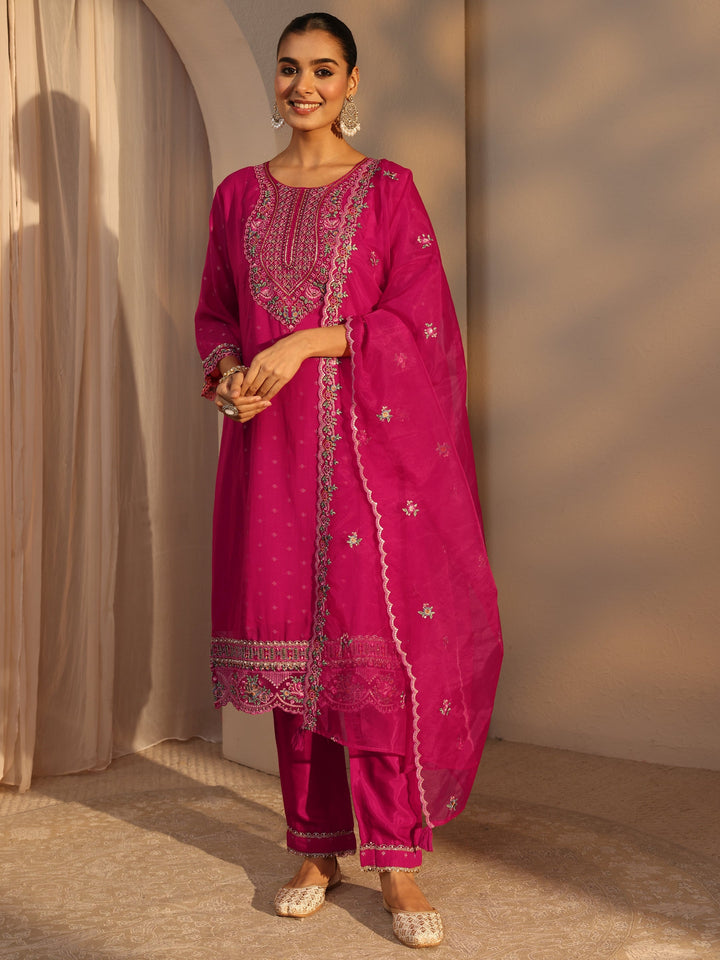 Pink Woven Design Chanderi Cotton Straight Suits Set With Dupatta