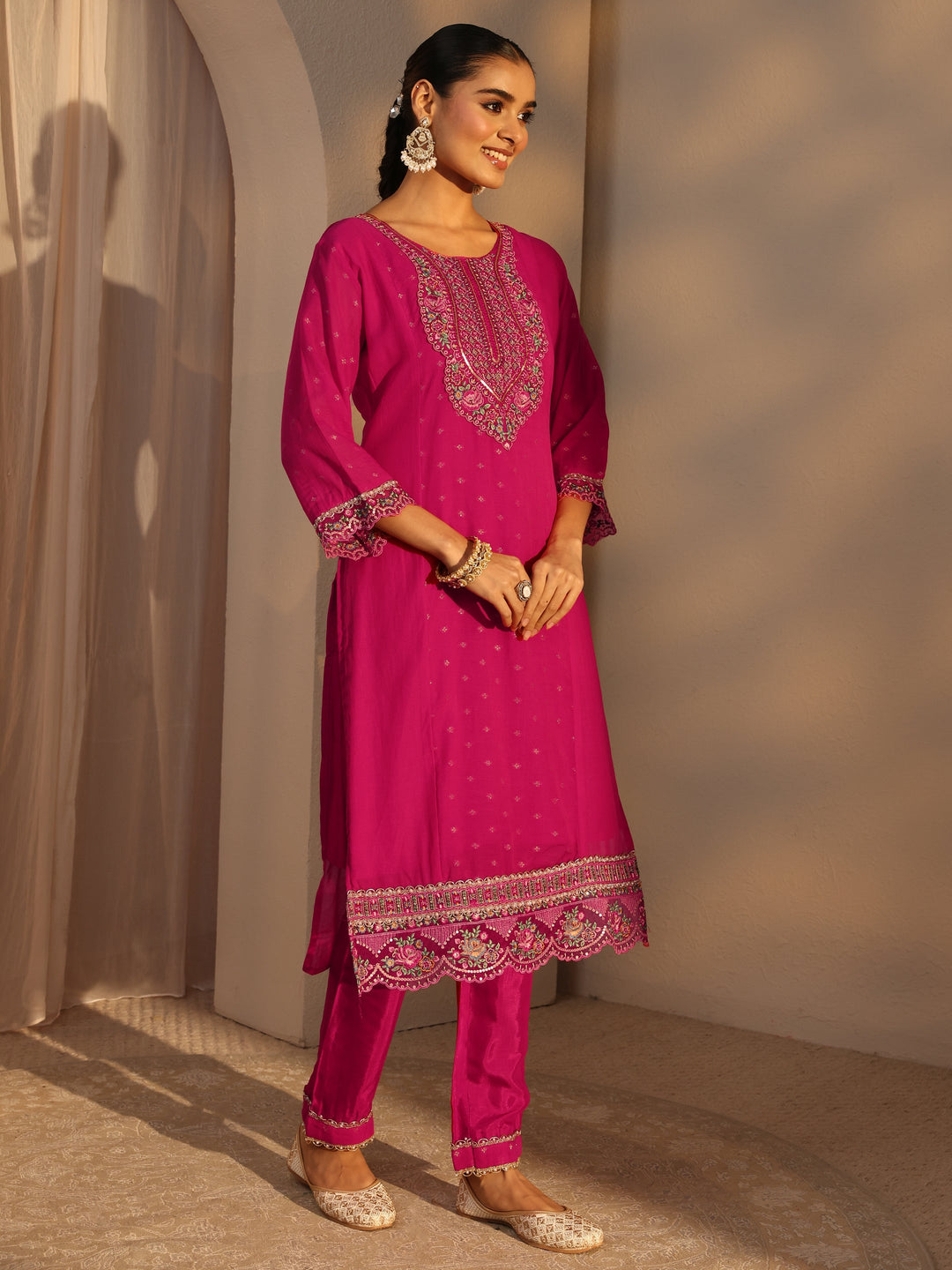 Pink Woven Design Chanderi Cotton Straight Suits Set With Dupatta