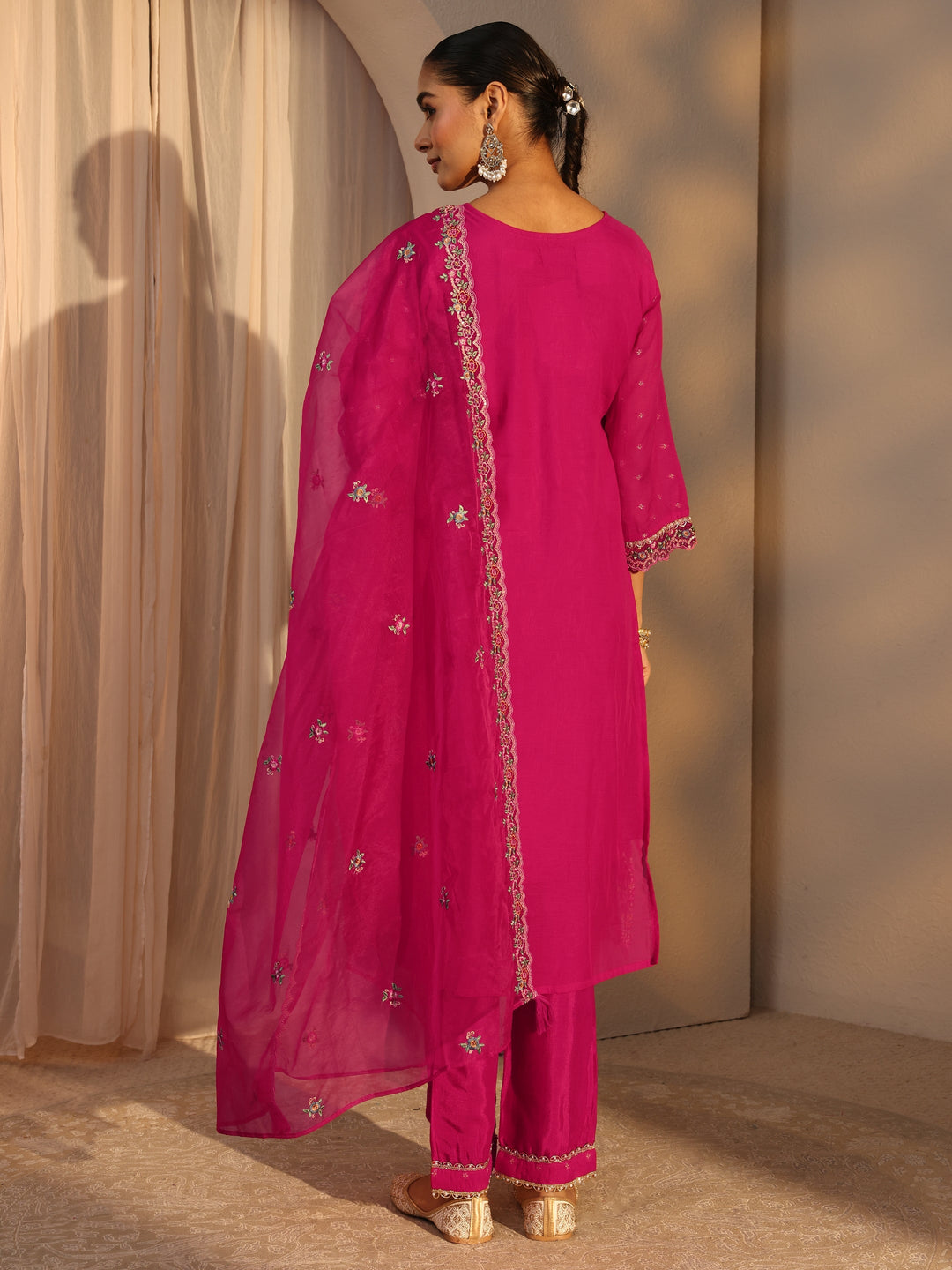 Pink Woven Design Chanderi Cotton Straight Suits Set With Dupatta