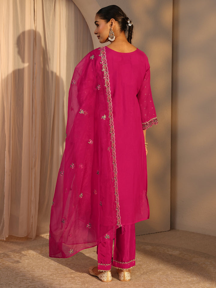 Pink Woven Design Chanderi Cotton Straight Suits Set With Dupatta