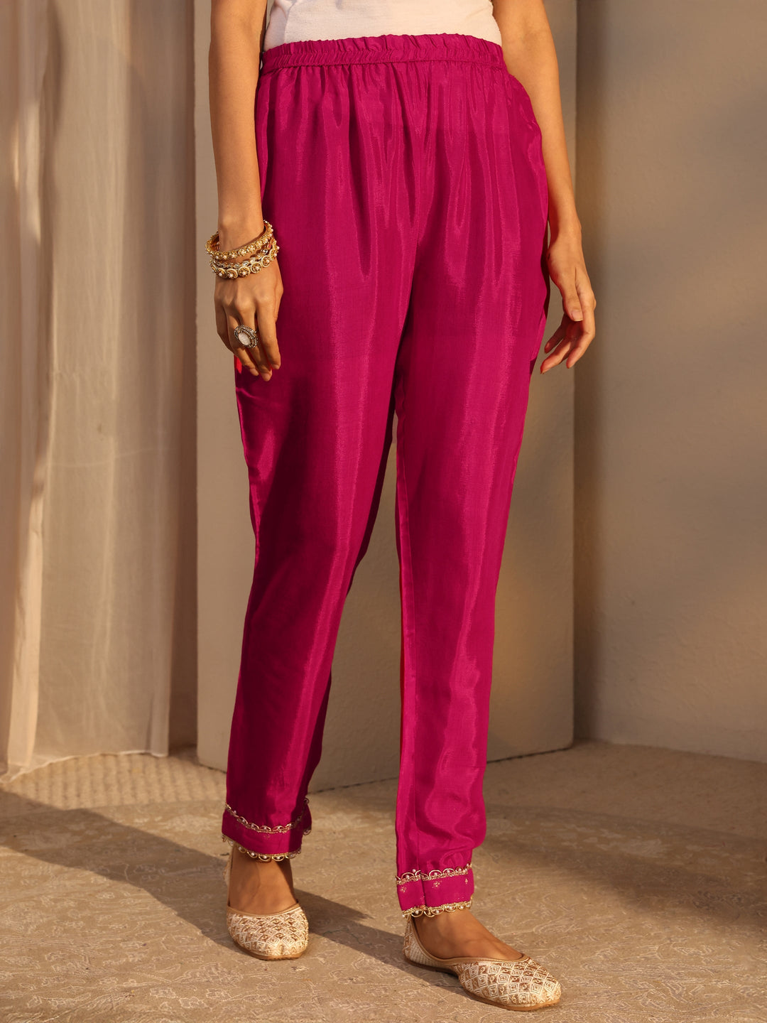 Pink Woven Design Chanderi Cotton Straight Suits Set With Dupatta