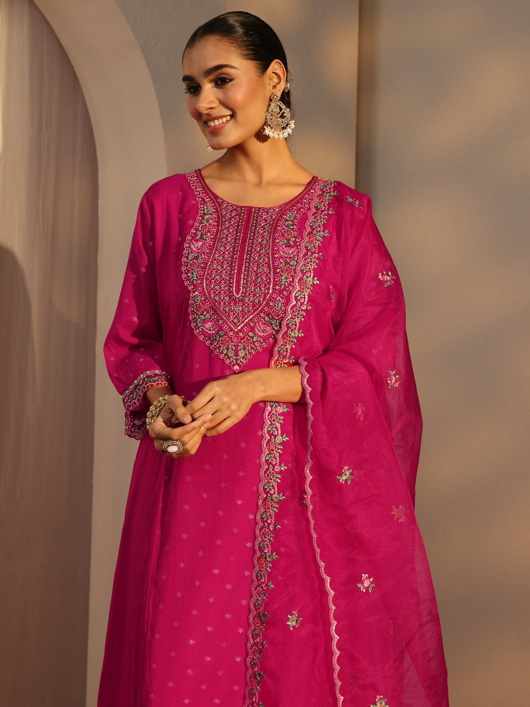 Pink Woven Design Chanderi Cotton Straight Suits Set With Dupatta