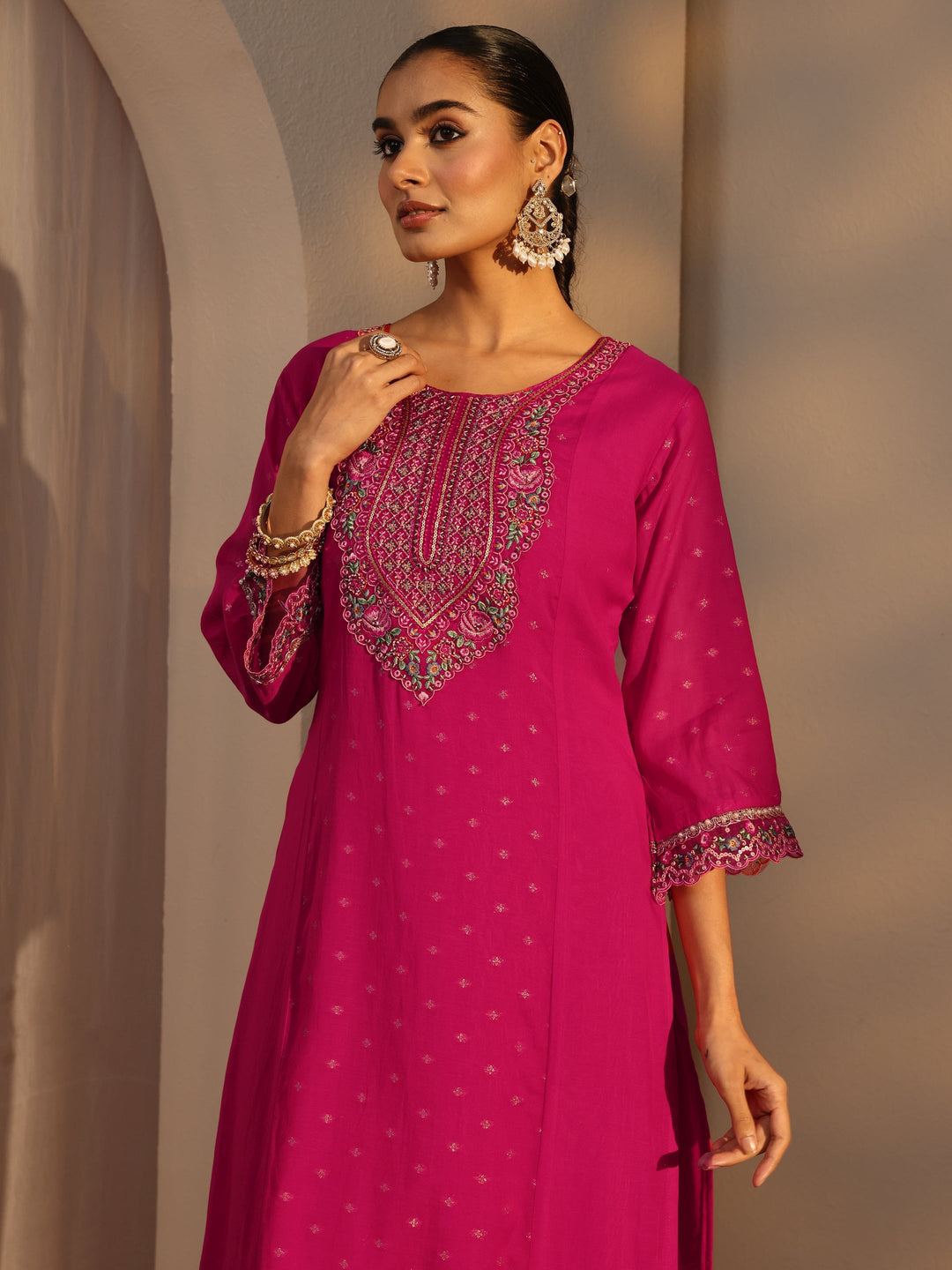 Pink Woven Design Chanderi Cotton Straight Suits Set With Dupatta