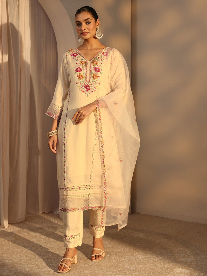 Cream Ethnic Embroidered Silk Blend Straight Suits Set With Dupatta