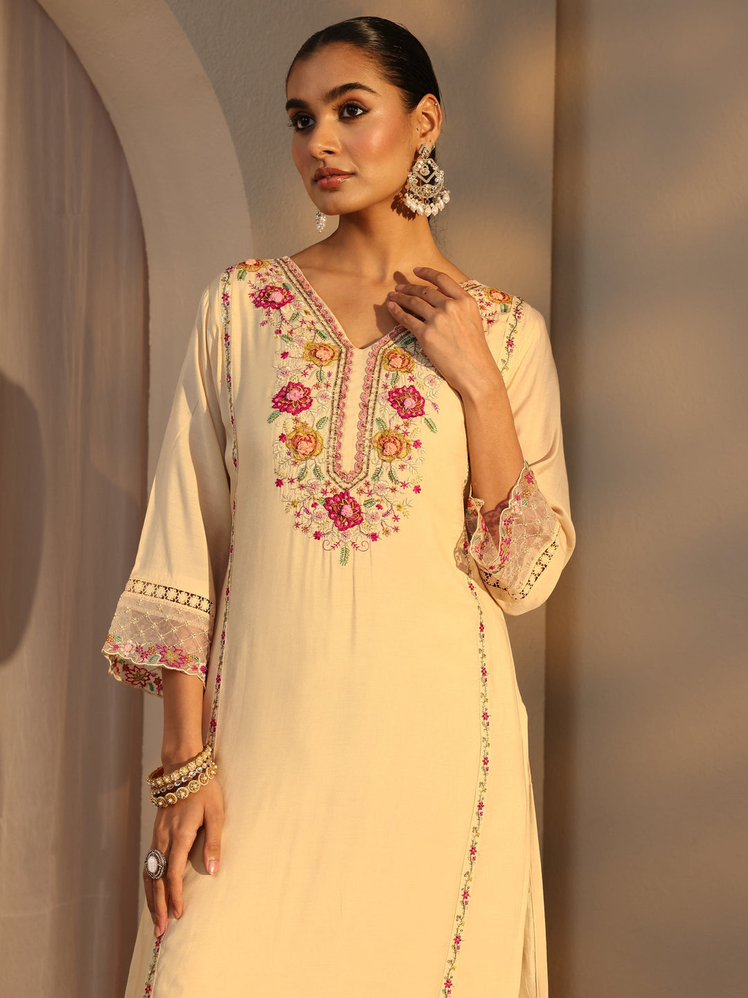 Cream Ethnic Embroidered Silk Blend Straight Suits Set With Dupatta