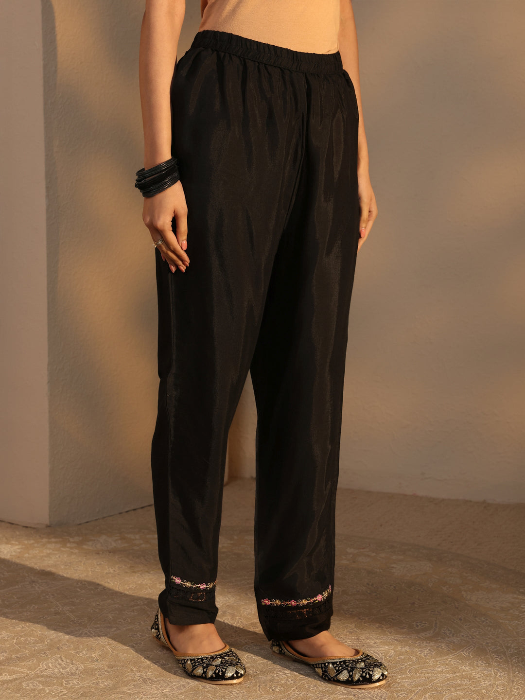 Black Ethnic Embroidered Silk Blend Straight Suits Set With Dupatta