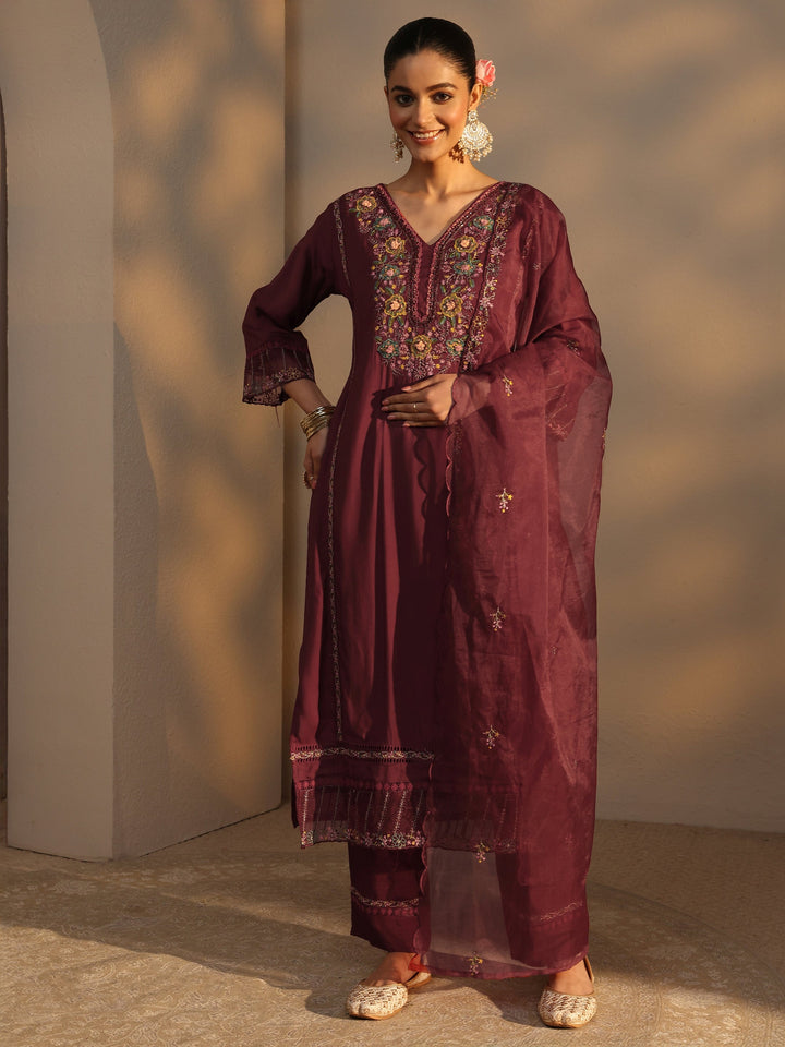 Maroon Ethnic Embroidered Silk Blend Straight Suits Set With Dupatta