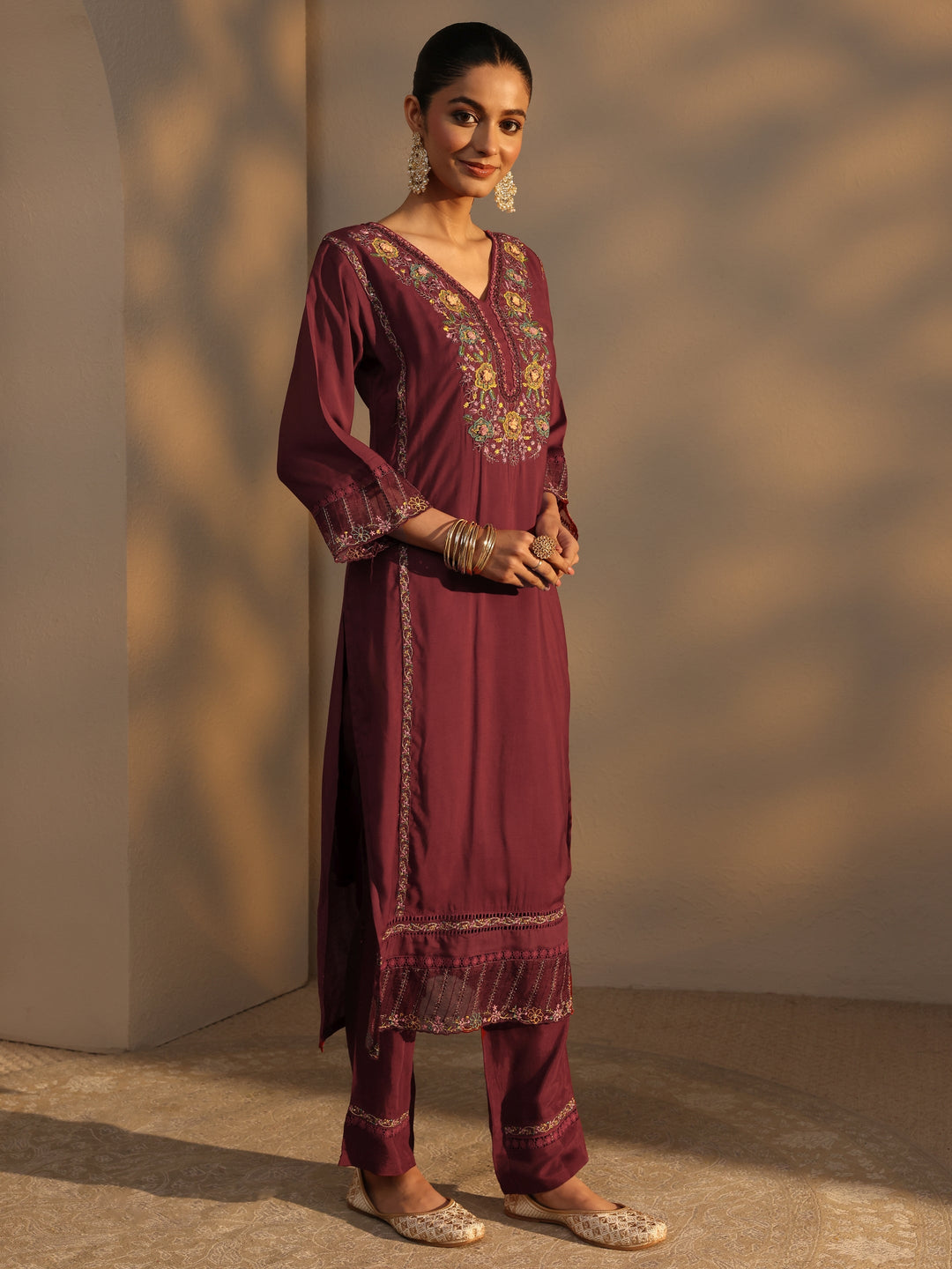 Maroon Ethnic Embroidered Silk Blend Straight Suits Set With Dupatta