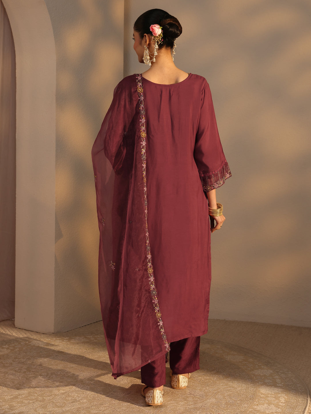 Maroon Ethnic Embroidered Silk Blend Straight Suits Set With Dupatta