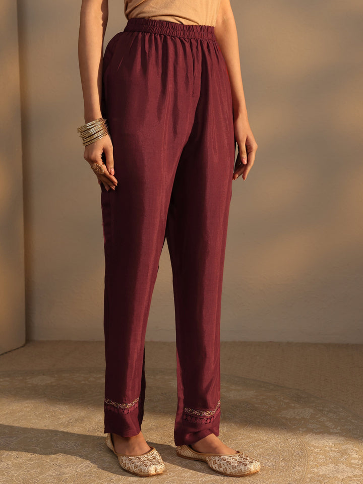 Maroon Ethnic Embroidered Silk Blend Straight Suits Set With Dupatta