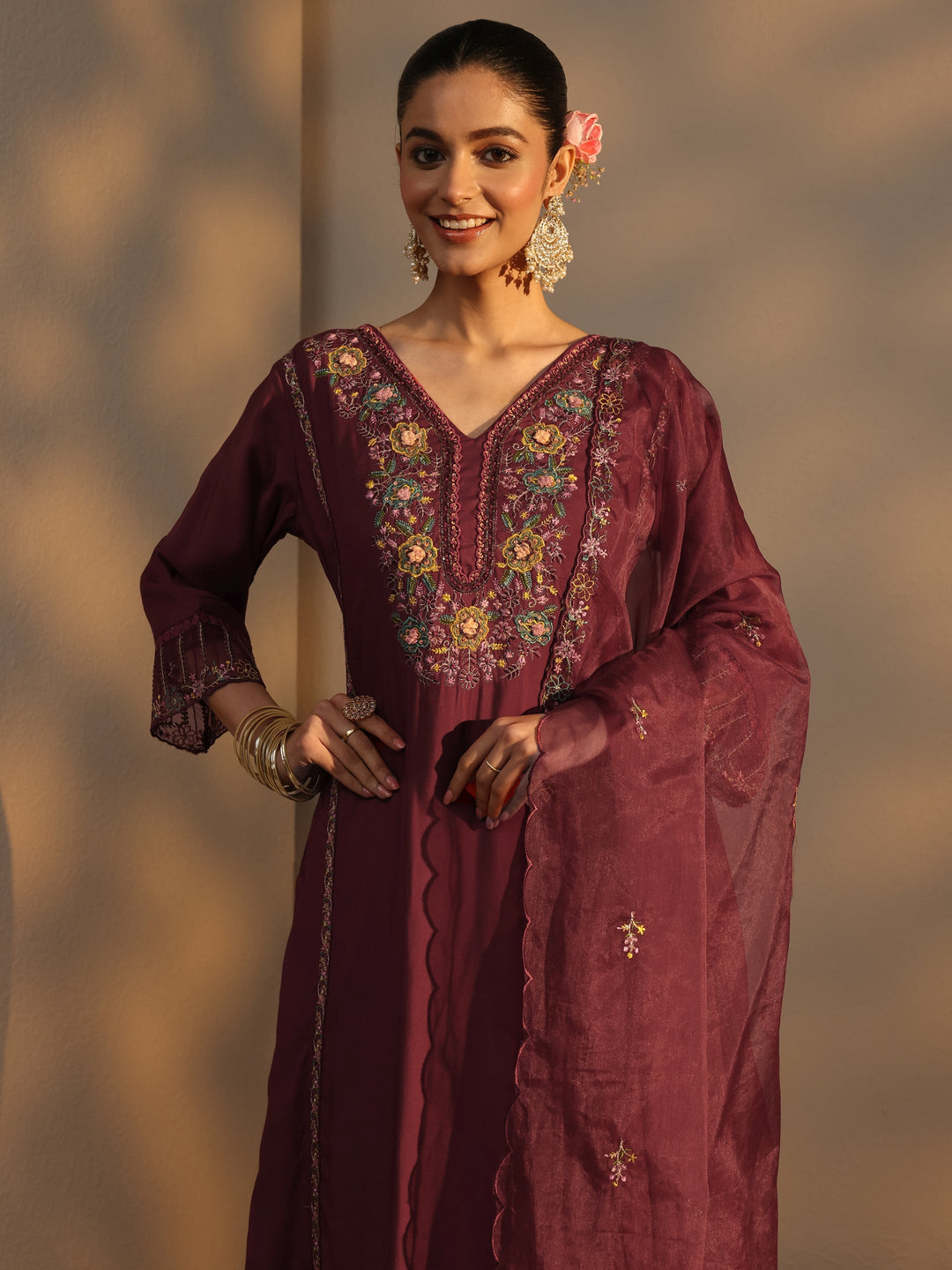 Maroon Ethnic Embroidered Silk Blend Straight Suits Set With Dupatta