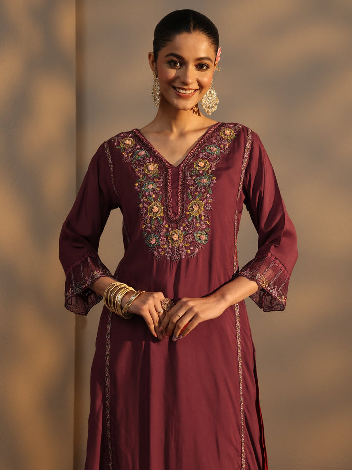 Maroon Ethnic Embroidered Silk Blend Straight Suits Set With Dupatta