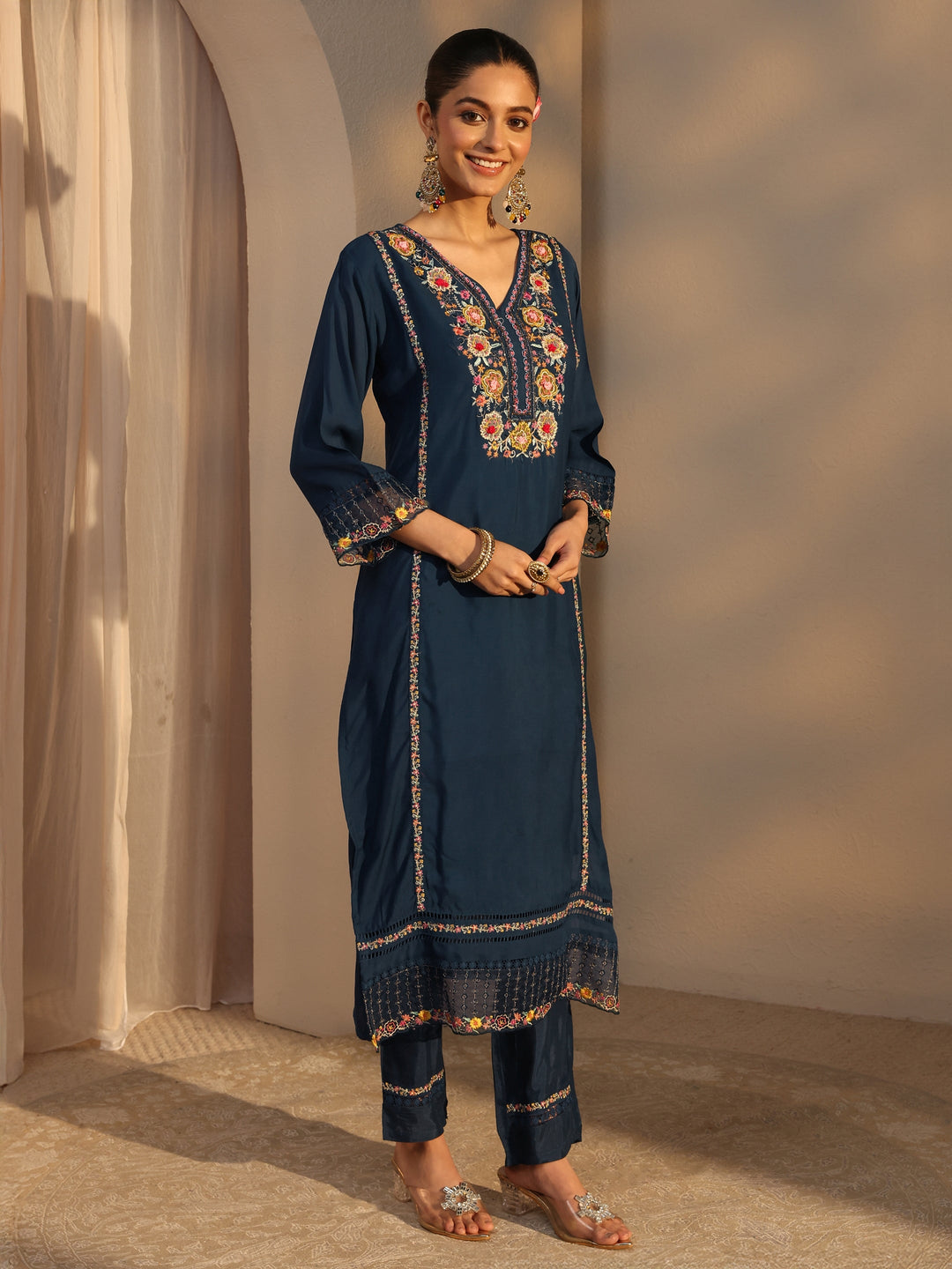 Blue Ethnic Embroidered Silk Blend Straight Suits Set With Dupatta