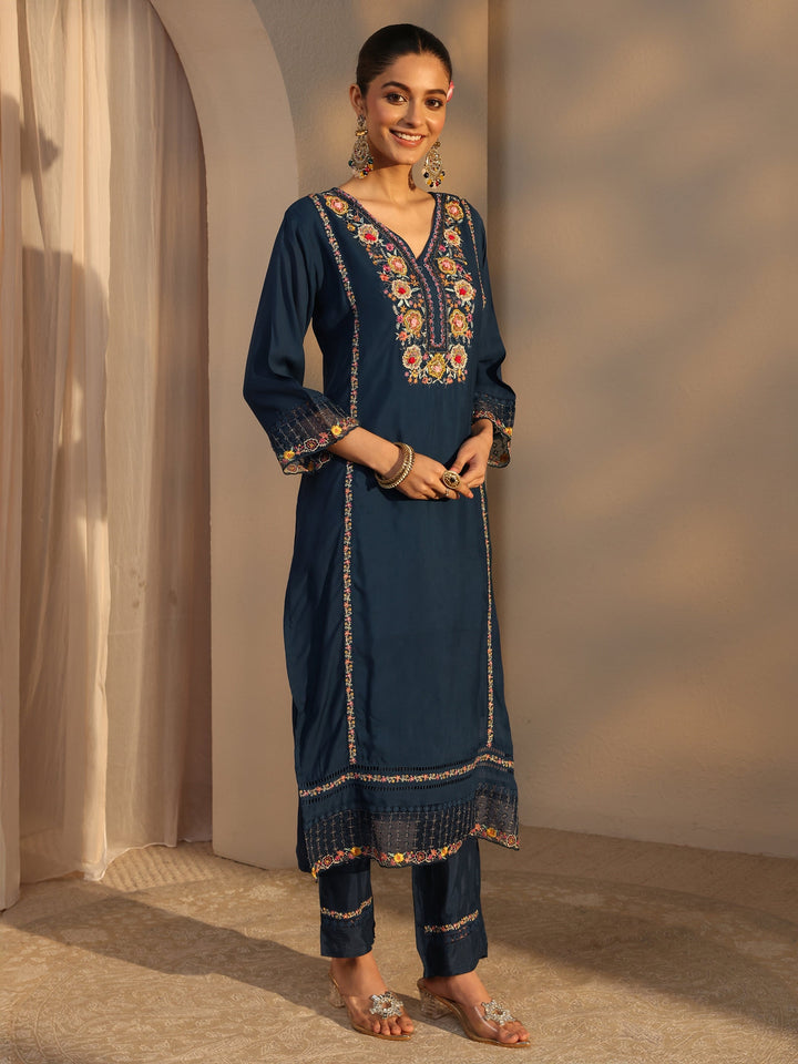 Blue Ethnic Embroidered Silk Blend Straight Suits Set With Dupatta