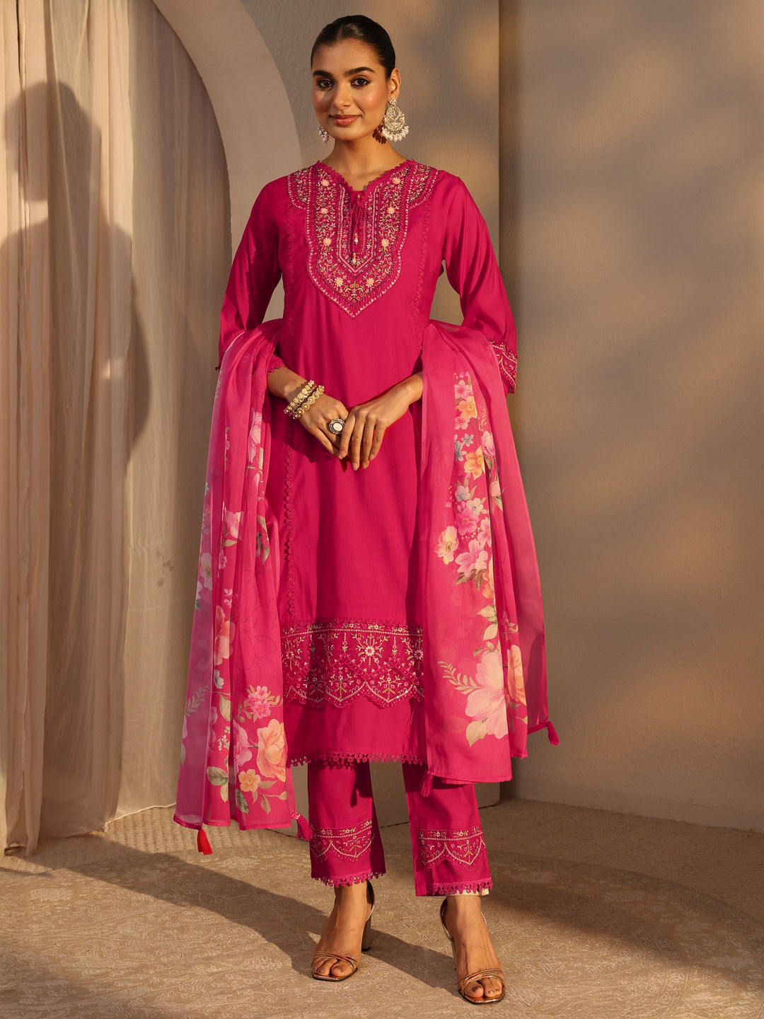Pink Ethnic Embroidered Silk Blend A-Line Suits Set With Dupatta