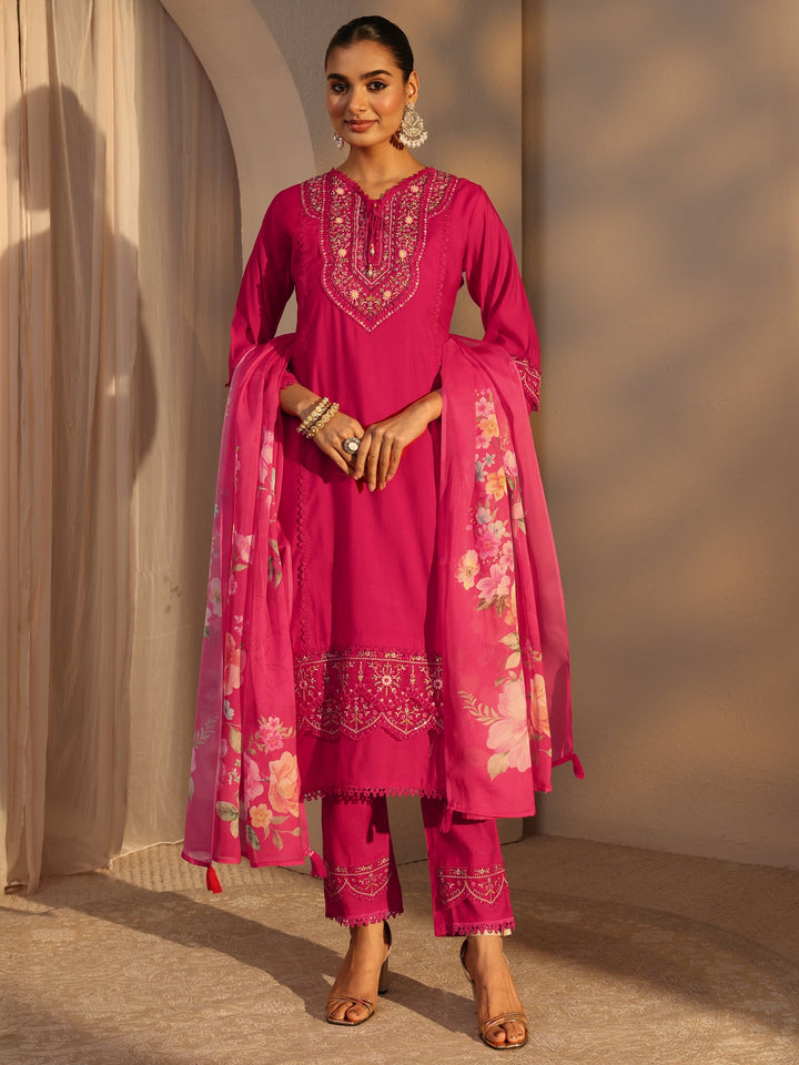 Pink Ethnic Embroidered Silk Blend A-Line Suits Set With Dupatta