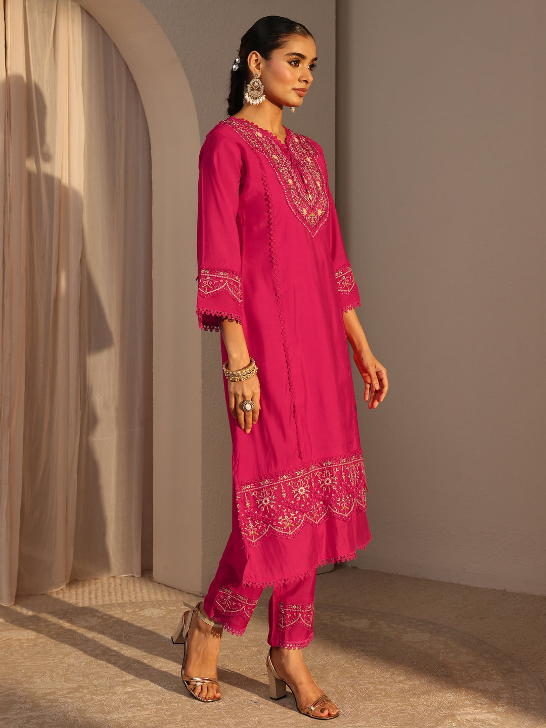 Pink Ethnic Embroidered Silk Blend A-Line Suits Set With Dupatta
