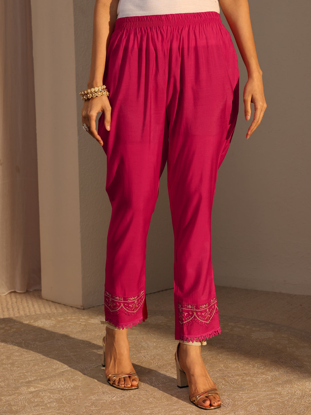 Pink Ethnic Embroidered Silk Blend A-Line Suits Set With Dupatta