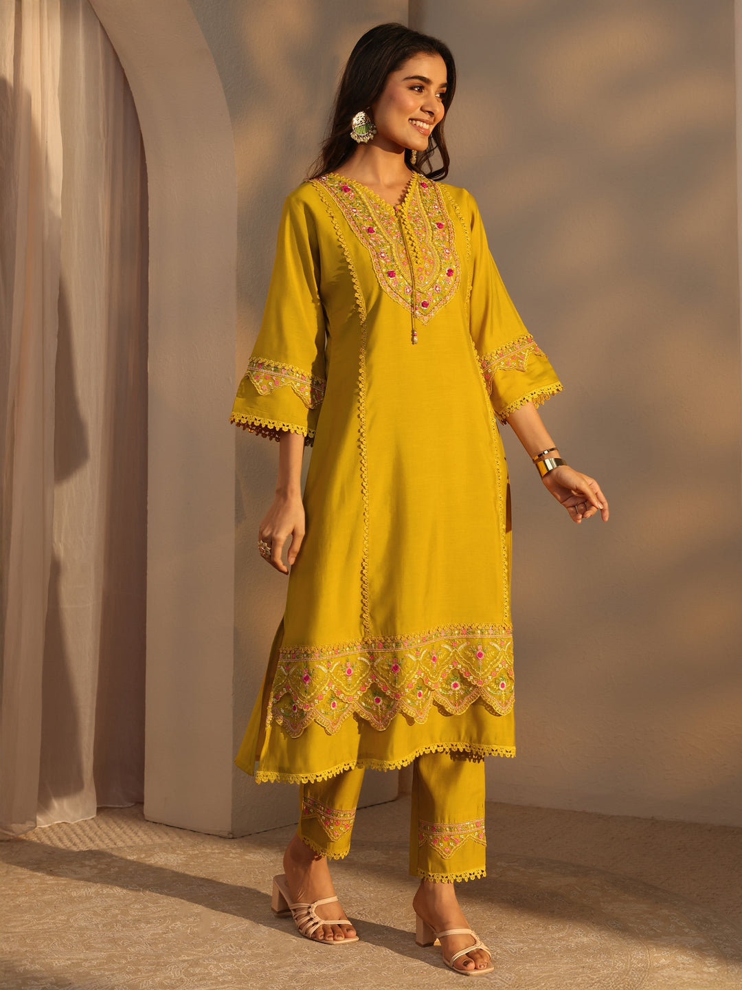 Mustard Ethnic Embroidered Silk Blend A-Line Suits Set With Dupatta