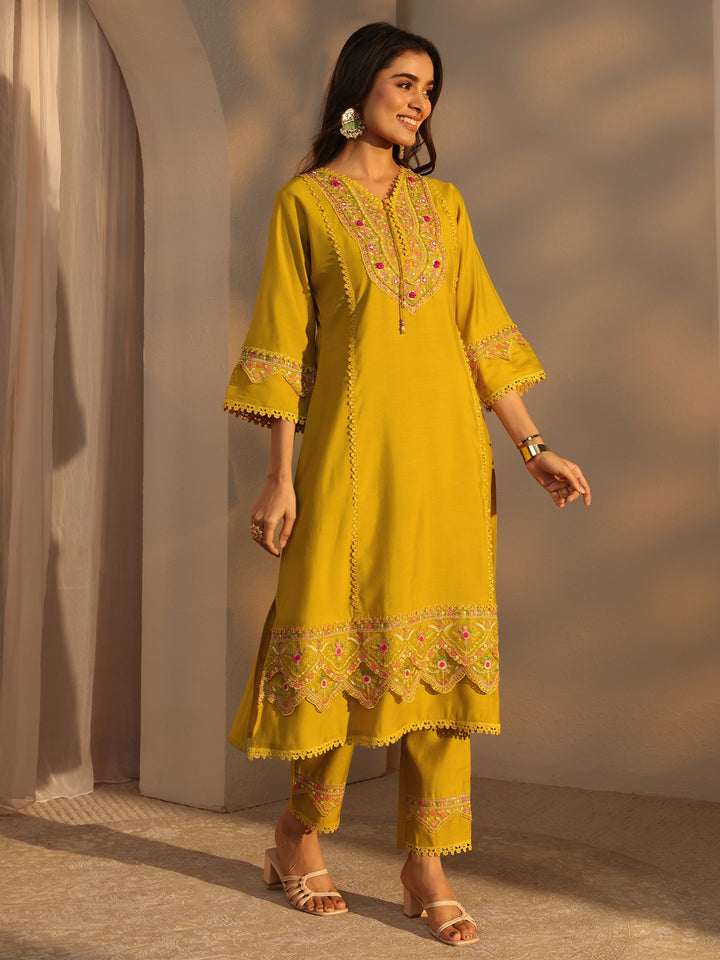 Mustard Ethnic Embroidered Silk Blend A-Line Suits Set With Dupatta