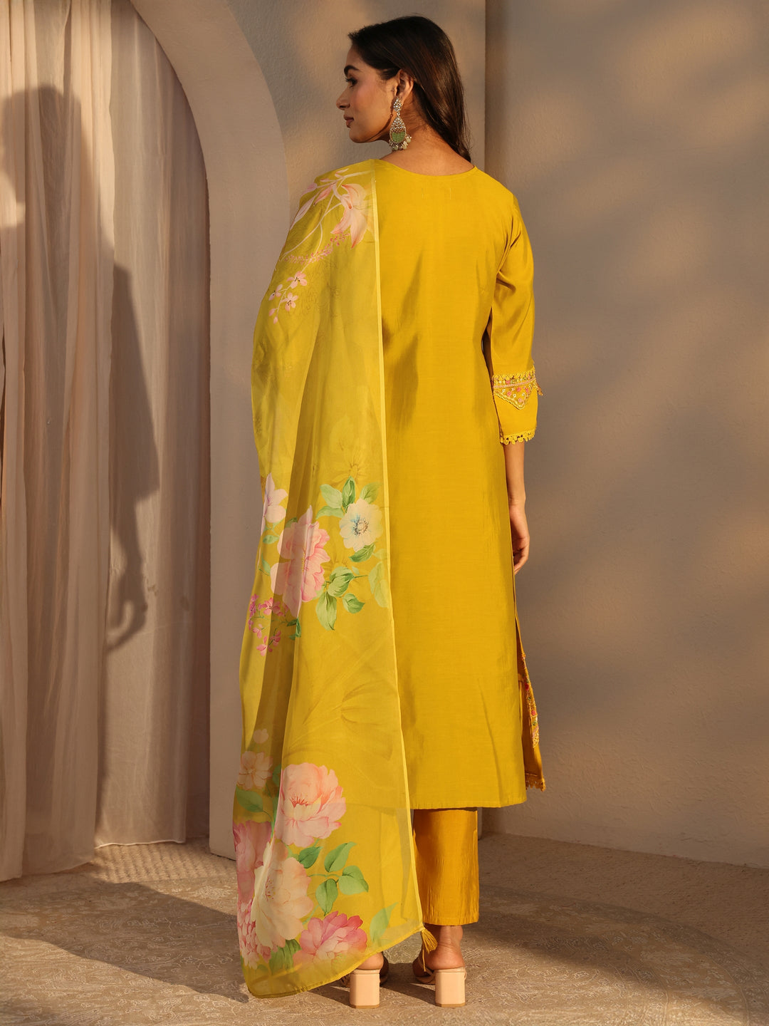 Mustard Ethnic Embroidered Silk Blend A-Line Suits Set With Dupatta