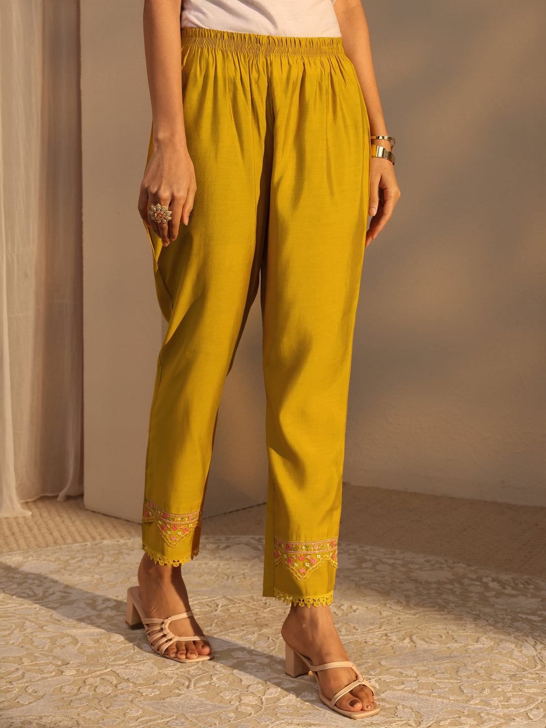 Mustard Ethnic Embroidered Silk Blend A-Line Suits Set With Dupatta
