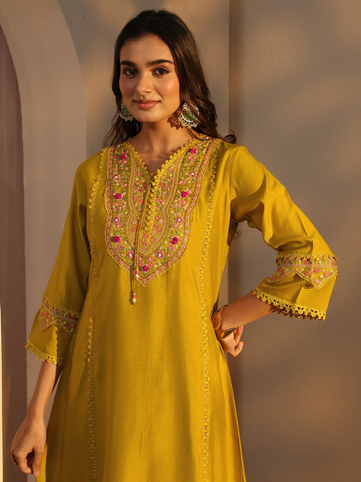Mustard Ethnic Embroidered Silk Blend A-Line Suits Set With Dupatta