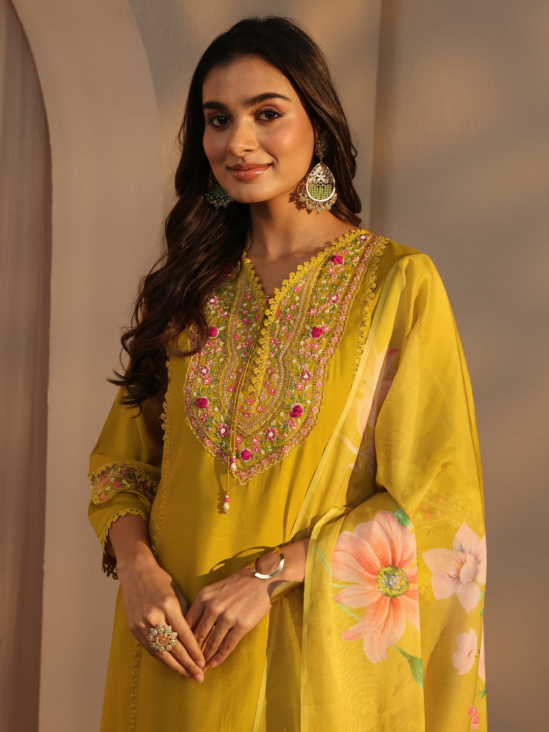 Mustard Ethnic Embroidered Silk Blend A-Line Suits Set With Dupatta
